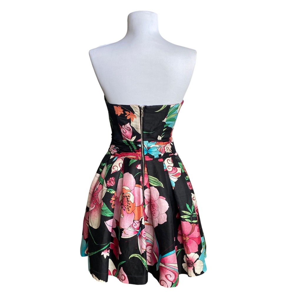Y2K BEBE Linen Silk Floral Strapless Mini Dress Size XS Black‎ Party Cocktail - Picture 3 of 10